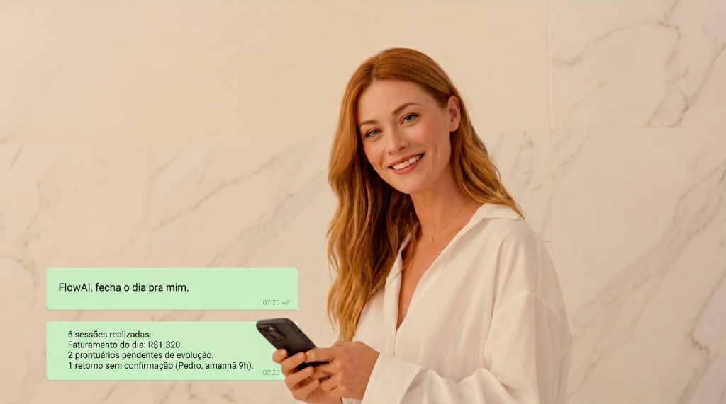 Psicóloga usando conversa no WhatsApp com FlowAI